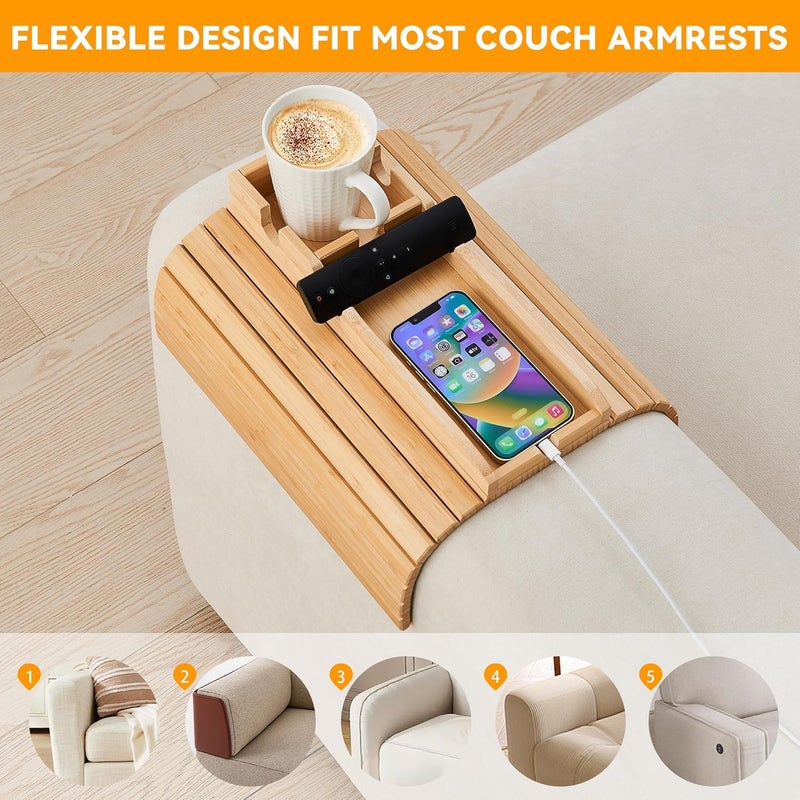 GEHE Bamboo Couch Cup Holder, Anti-Spill Sofa Arm Tray, Natural and Easy to Clean Couch Arm Cup Holder Armrest Tray Perfect for Cups, Beers, Snacks, Remote Control, Drinks - Image 3